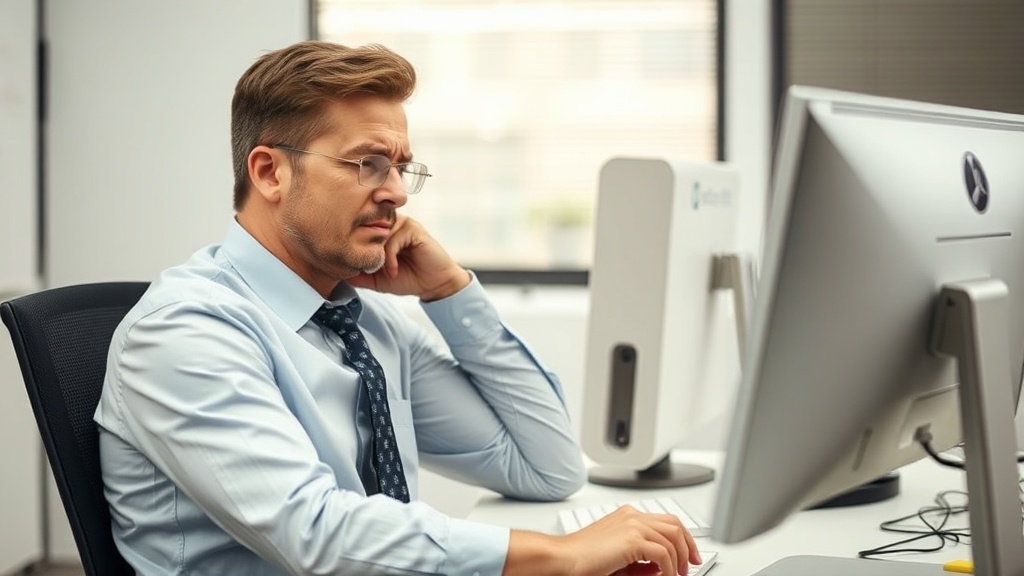 잘못된 높이의 모니터를 보며 목 주변의 뻐근함을 느끼고 있는 직장인의 모습